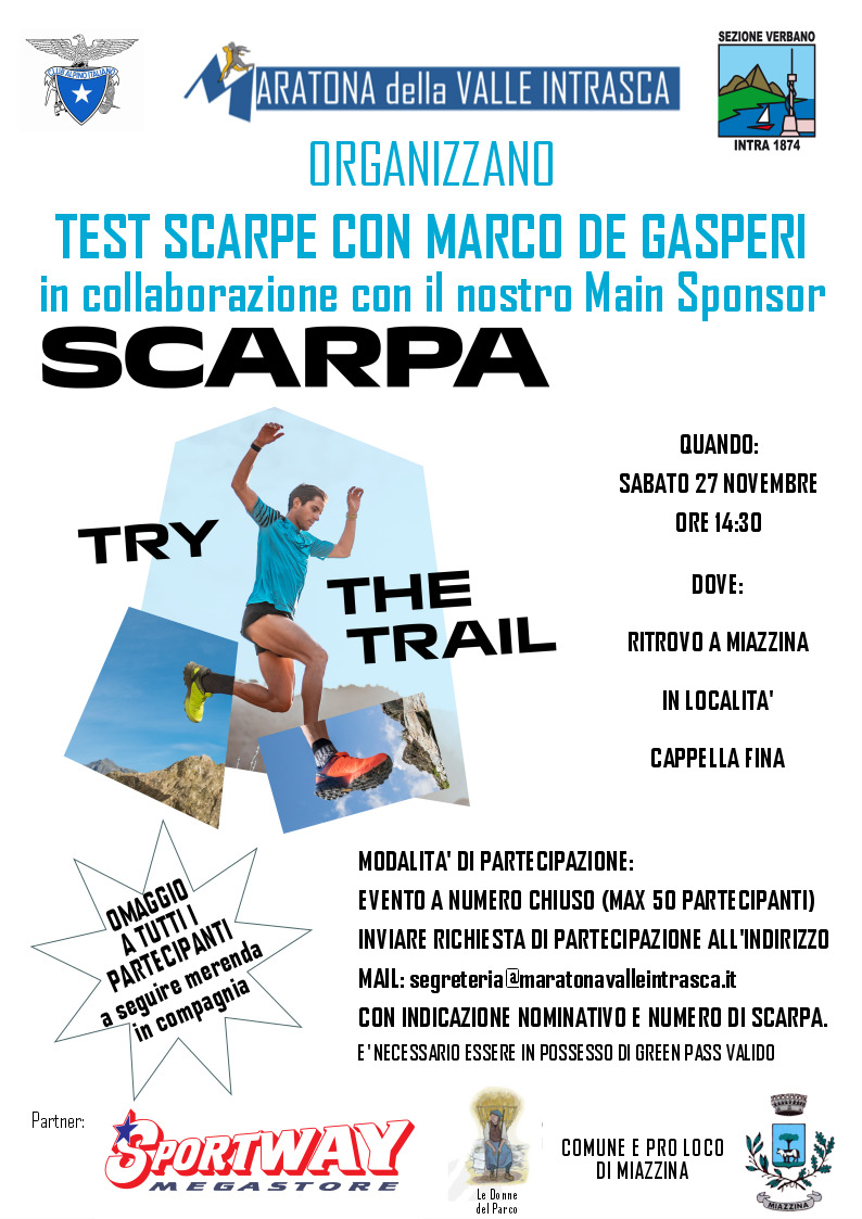 Locandina Scarpa Test Day 27 novembre 2021 Maratona Valle Intrsca